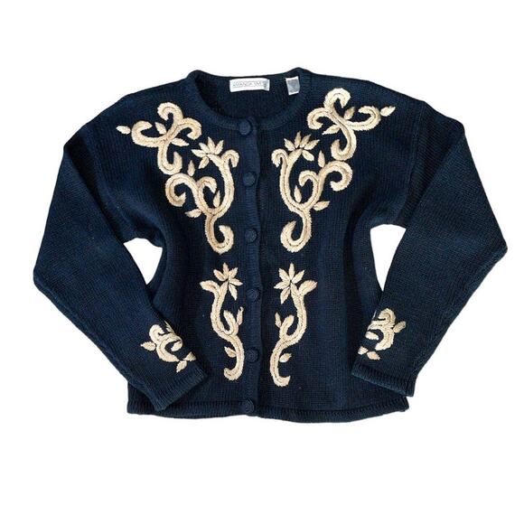 Amanda Smith Gold Thread Emblazoned Navy Cardigan size Medium - Picture 1 of 7